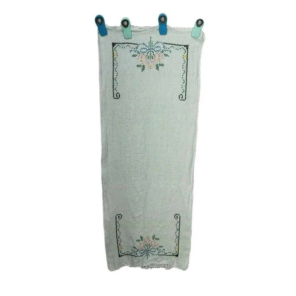 Vintage Dresser Scarf Table Runner Floral‎ Handmade Hand Stitched Fringe Green